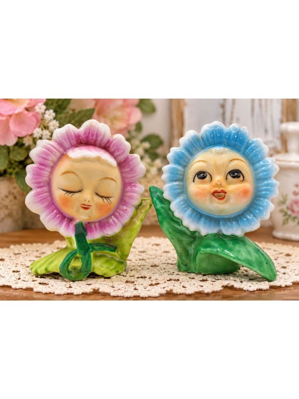 Vintage 1950s Japan Anthropomorphic Flower Face Salt Pepper Shakers Kitsch MCM